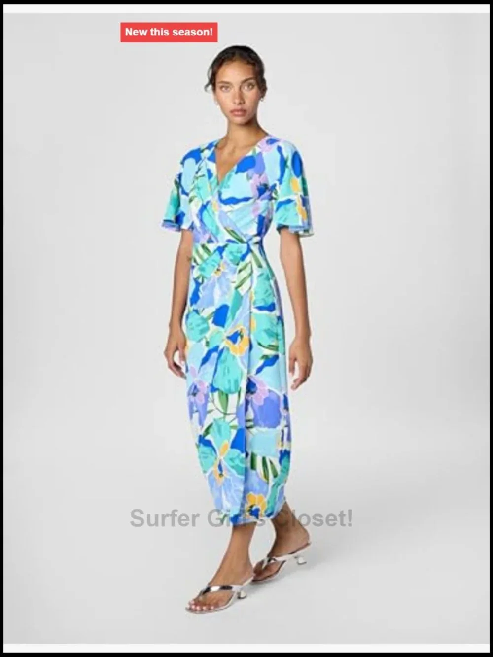 Women's Short Flutter Sleeve Faux Wrap Midi Dress Polyester Spandex Floral